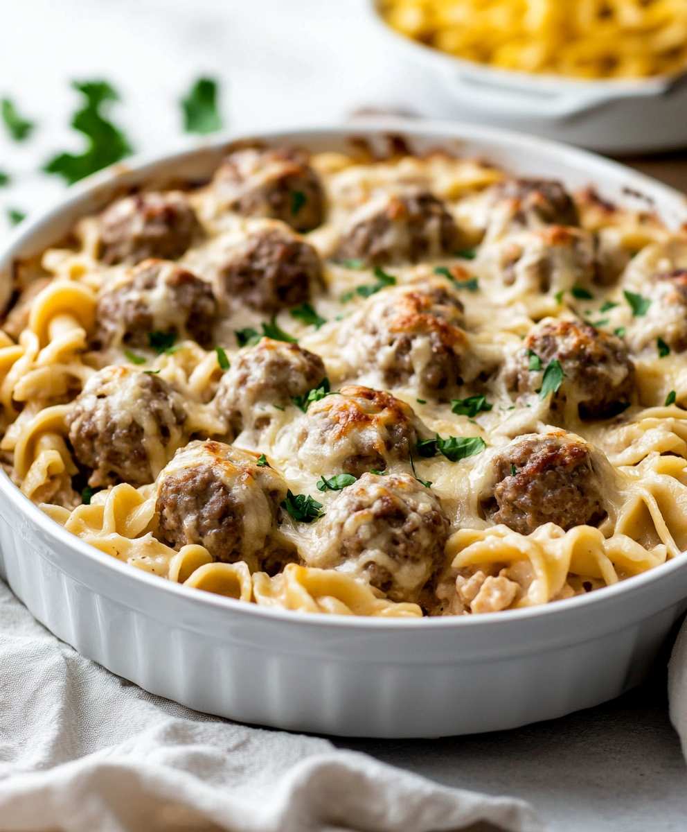 Skillet of Swedish meatballs topped with melted sharp white cheddar cheese and cream gravy