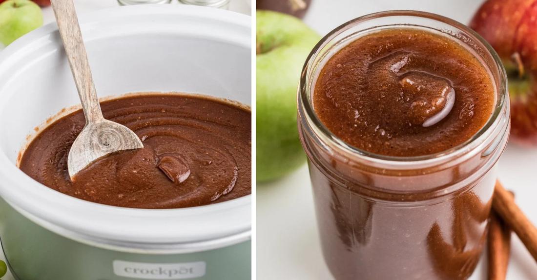 Slow cooker apple butter simmering, caramelized apples, warm cinnamon, cloves in a mason jar
