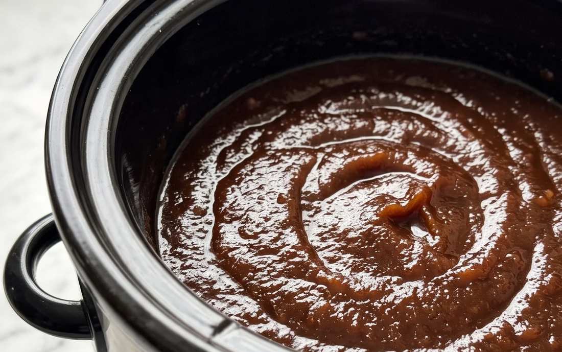 Classic silky apple butter in a jar, caramel apple, cinnamon, cloves, warm inviting scent