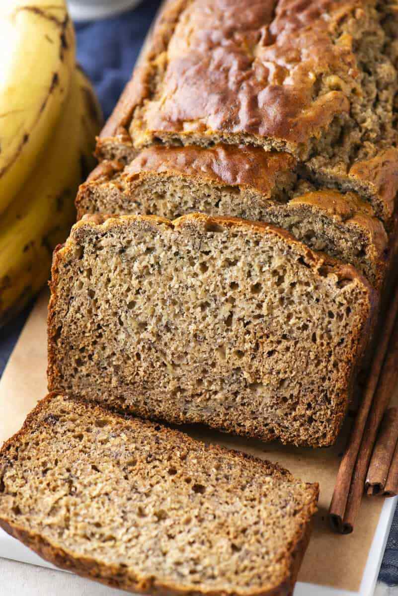Golden crusted banana bread with tender crumb, rich banana flavor and subtle caramel notes