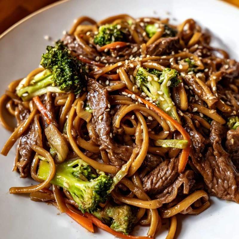 Peppery beef and broccoli noodles with tender beef, crisp broccoli, glossy noodles in a spicy sauce