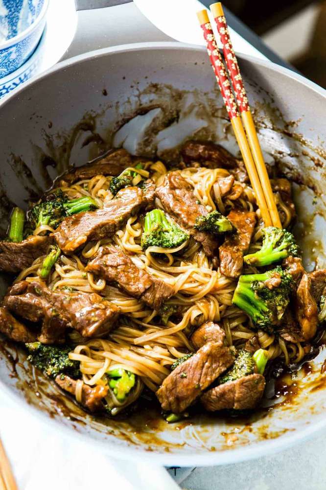 Beef and broccoli Asian noodle stir fry with tender beef, crisp broccoli, glossy noodles