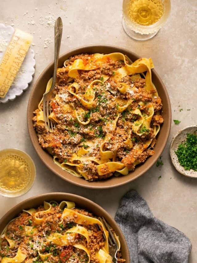Pappardelle bolognese with beef, parmesan, fresh basil, rich tomato sauce, pasta