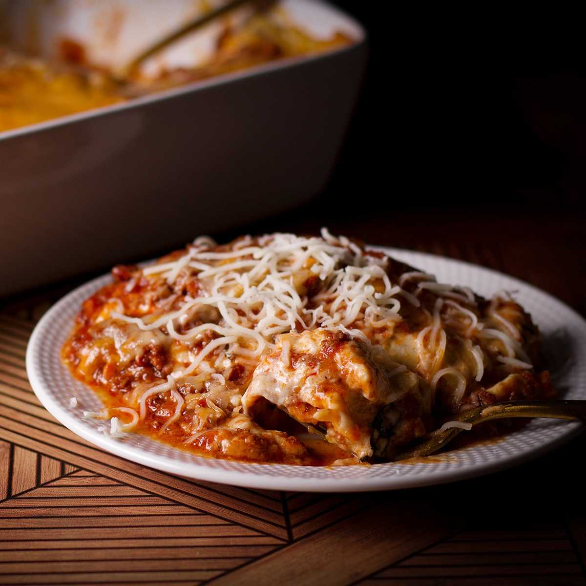 Bolognese lasagna with beef, parmesan, fresh basil, rich tomato sauce, pasta