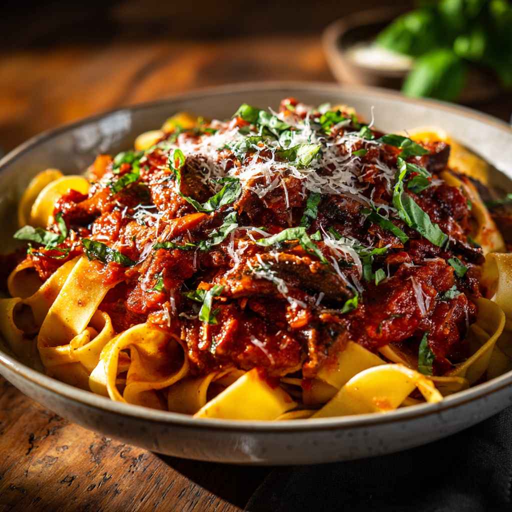 Mushroom bolognese with beef, parmesan, fresh basil, rich tomato sauce, pasta