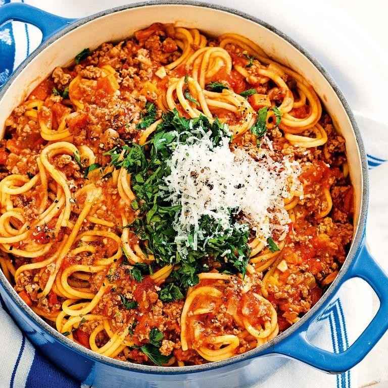 One‑pot spaghetti bolognese delivers beef bolognese, parmesan, fresh basil, tomato sauce, pasta in one pan