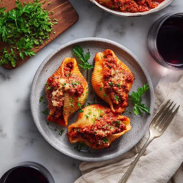 Stuffed shells filled with ricotta, spinach, and mozzarella, topped with bolognese sauce