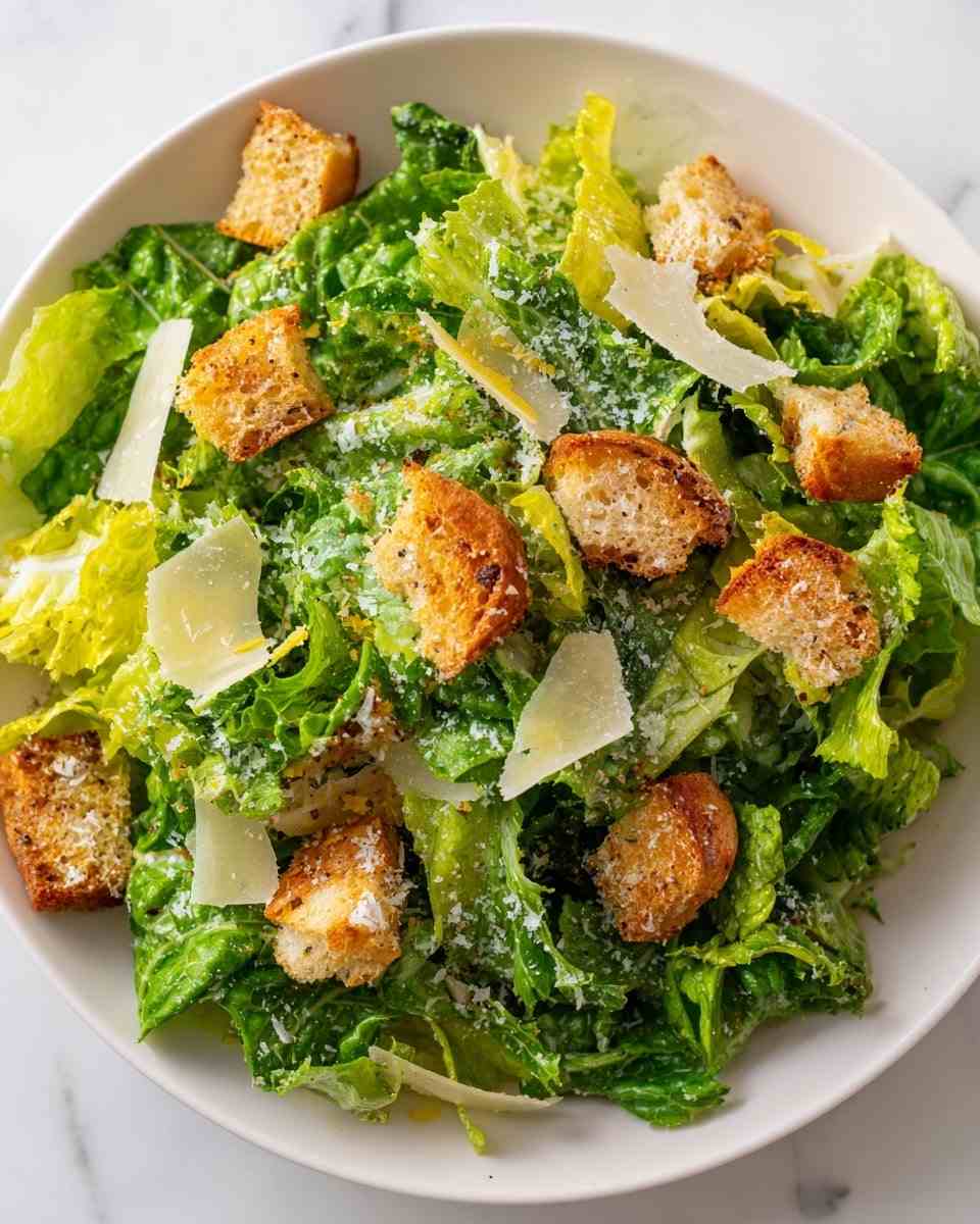 Crisp romaine caesar salad topped with generous shaved parmesan ribbons and cracked black pepper