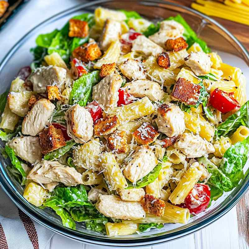Chicken caesar pasta salad with rotini pasta shredded grilled chicken crisp romaine and parmesan