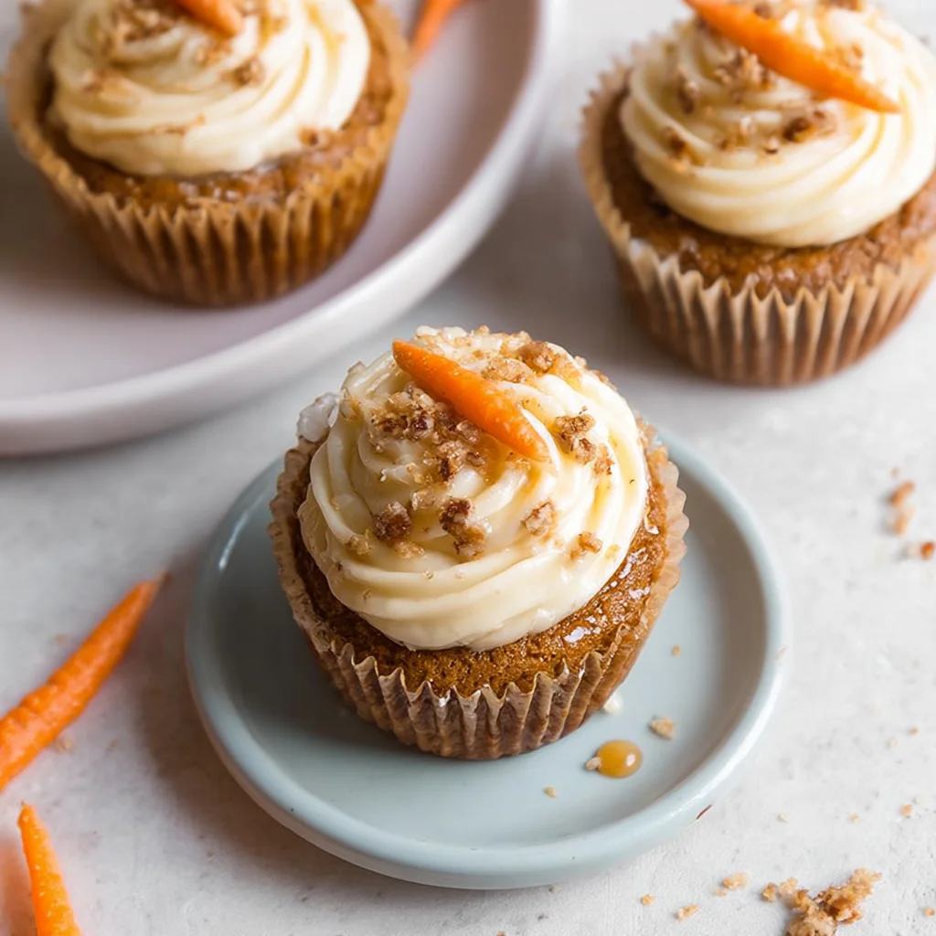 Aromatic spiced carrot cupcake with a dusting of cinnamon sugar and a drizzle of honey