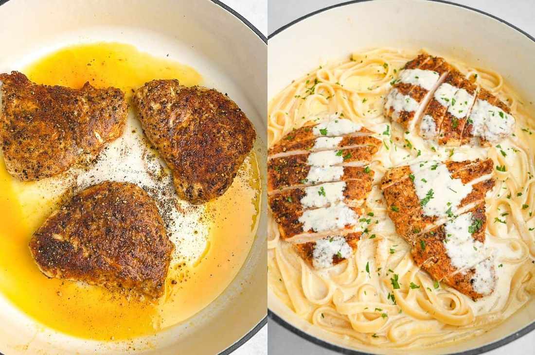 Classic fettuccine chicken alfredo with juicy seared chicken breast and velvety parmesan cream sauce.