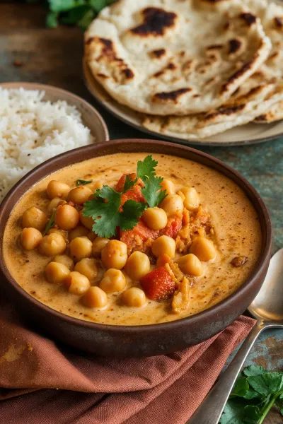 Velvety creamy chickpea curry with a light tomato base, garnished with fresh cilantro, served over fluffy rice.