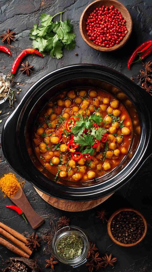 Classic chana masala with chickpeas, tomato sauce, garam masala, served with rice and naan