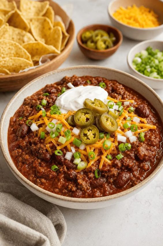 Rustic chili bowl with beef, beans, melted cheese, sour cream, jalapenos, cornbread crumble topping