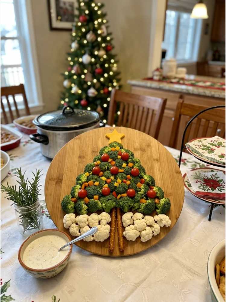 Fresh broccoli florets trimmed into tree shapes, surrounded by colorful veggie sticks and dip