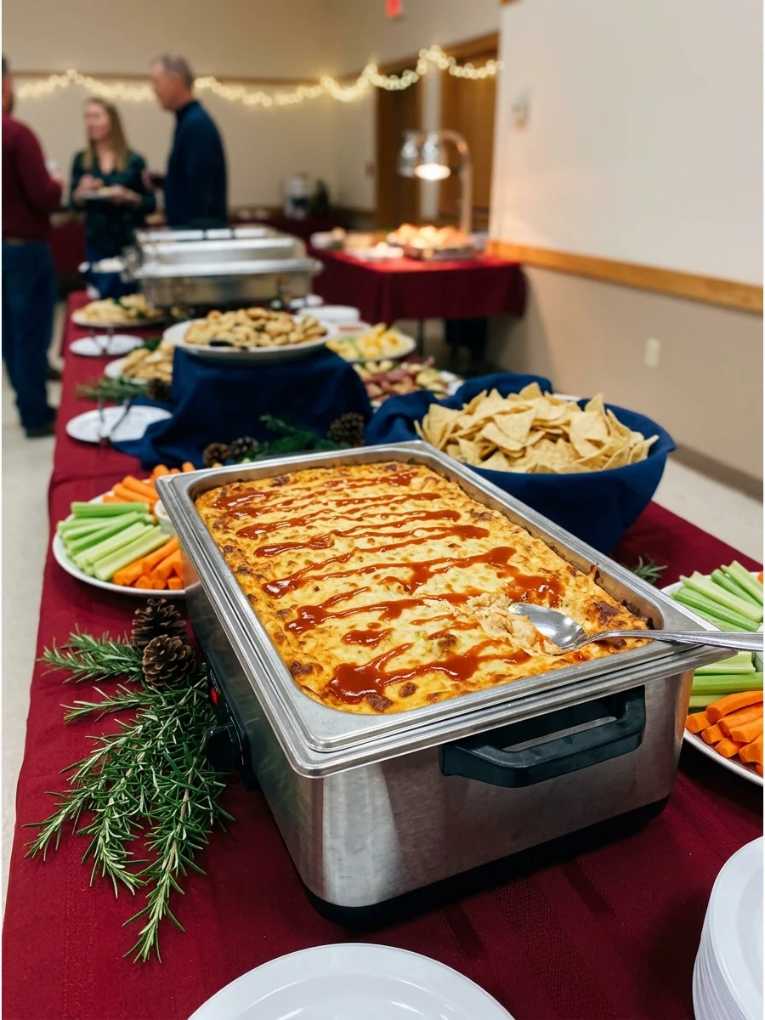 Spicy buffalo chicken dip bubbling in a chafing dish, surrounded by tortilla chips and celery sticks