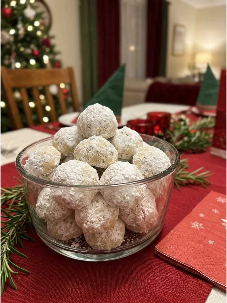 Soft pecan shortbread cookies rolled in powdered sugar, resembling snowballs on a white platter