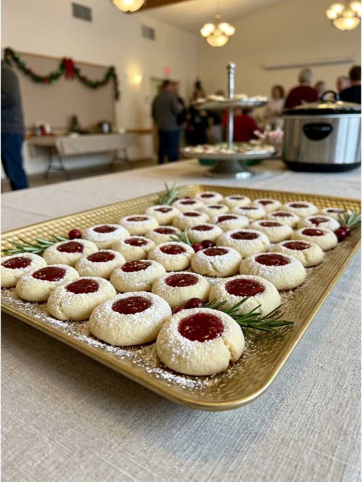 Golden thumbprint cookies filled with vibrant raspberry jam, sprinkled with coarse sugar