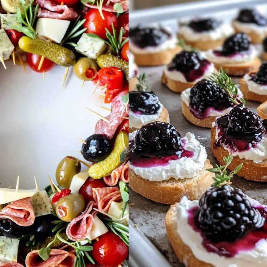 Golden crostini topped with creamy goat cheese, fresh blackberries, and drizzle of balsamic glaze