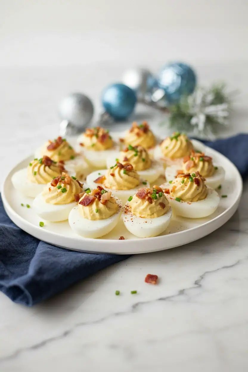 Classic bacon chive deviled eggs with creamy yolk filling and crispy bacon crumbles on white plate