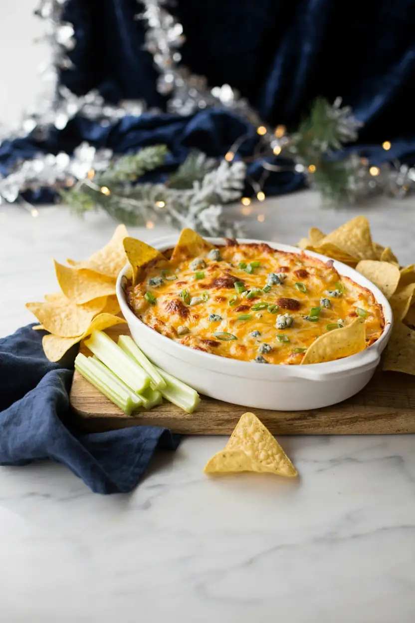 Spicy buffalo chicken dip with melted cheese and blue cheese crumbles served with tortilla chips
