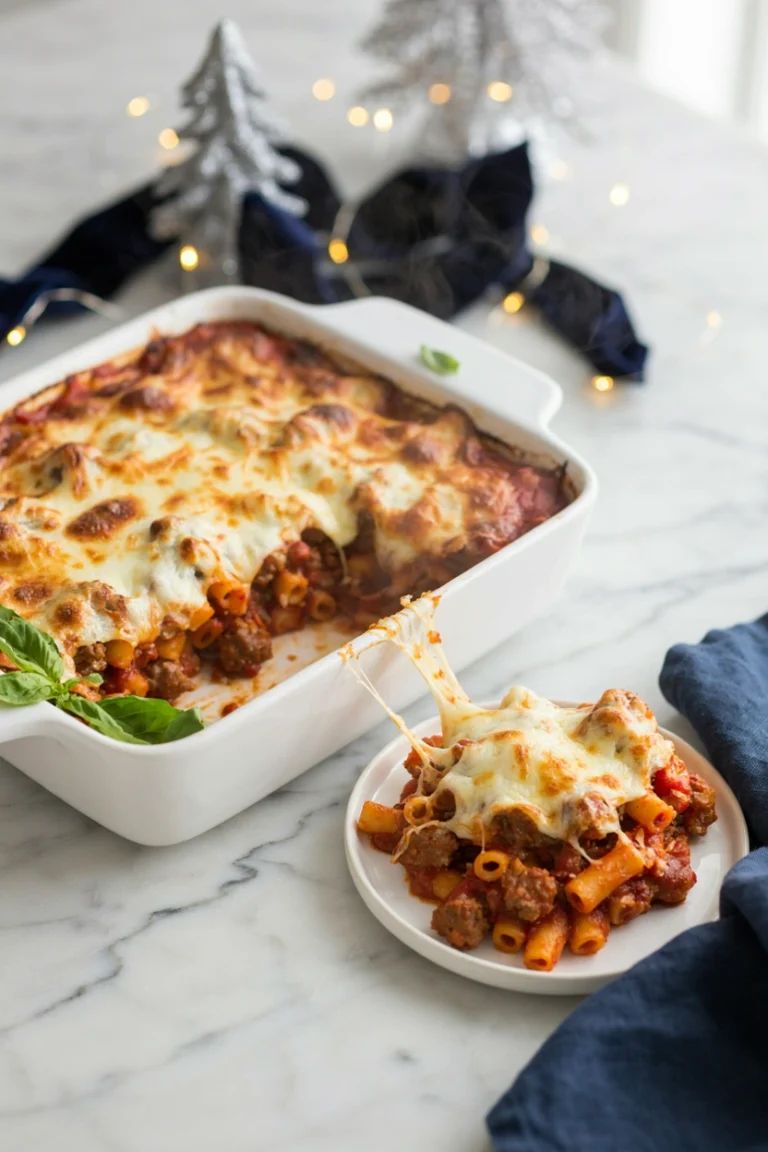 Bubbly cheesy baked ziti pasta casserole with golden crust and fresh parsley on rustic plate