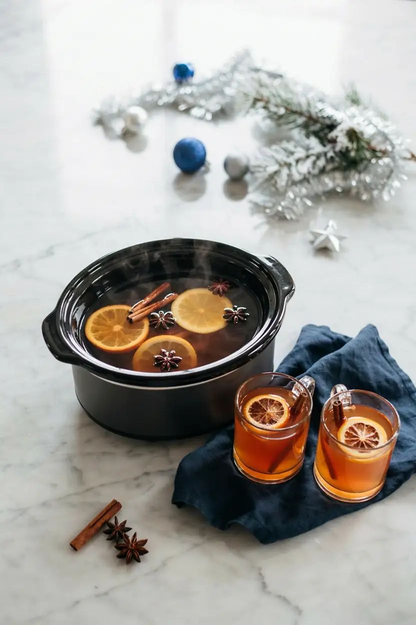 Steaming slow cooker mulled apple cider with cinnamon sticks, cloves, and orange slices in ceramic pot