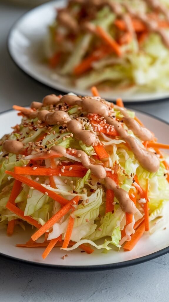Tangy sesame slaw featuring crisp cabbage, orange zest, and a creamy citrus dressing, topped with toasted sesame seeds