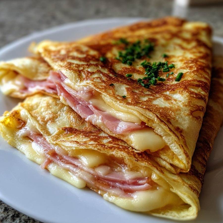 Thin golden crepes topped with fresh mixed berries, lemon zest, and a dusting of powdered sugar