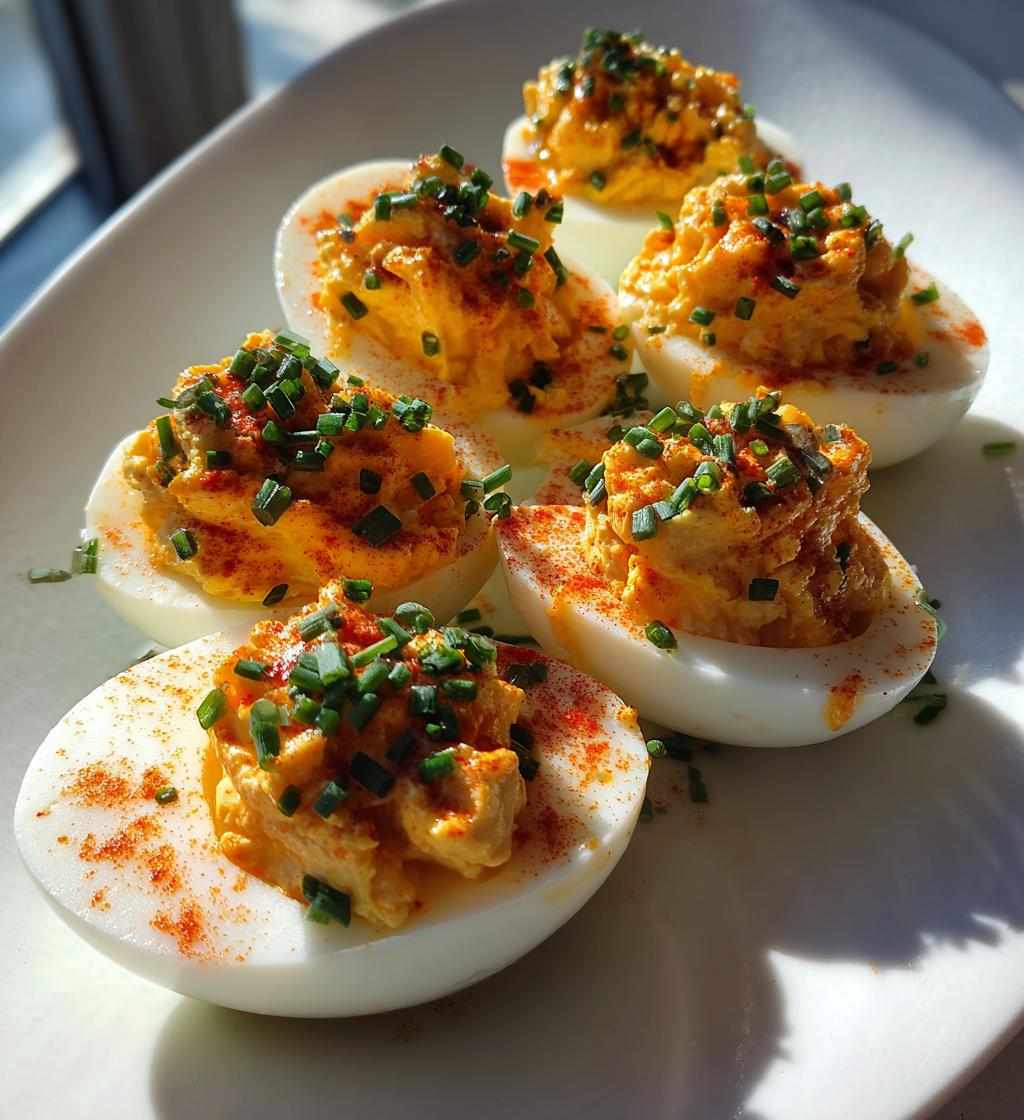Spicy deviled eggs, creamy hot yolk filling, chili flakes, bright red paprika, fresh cilantro