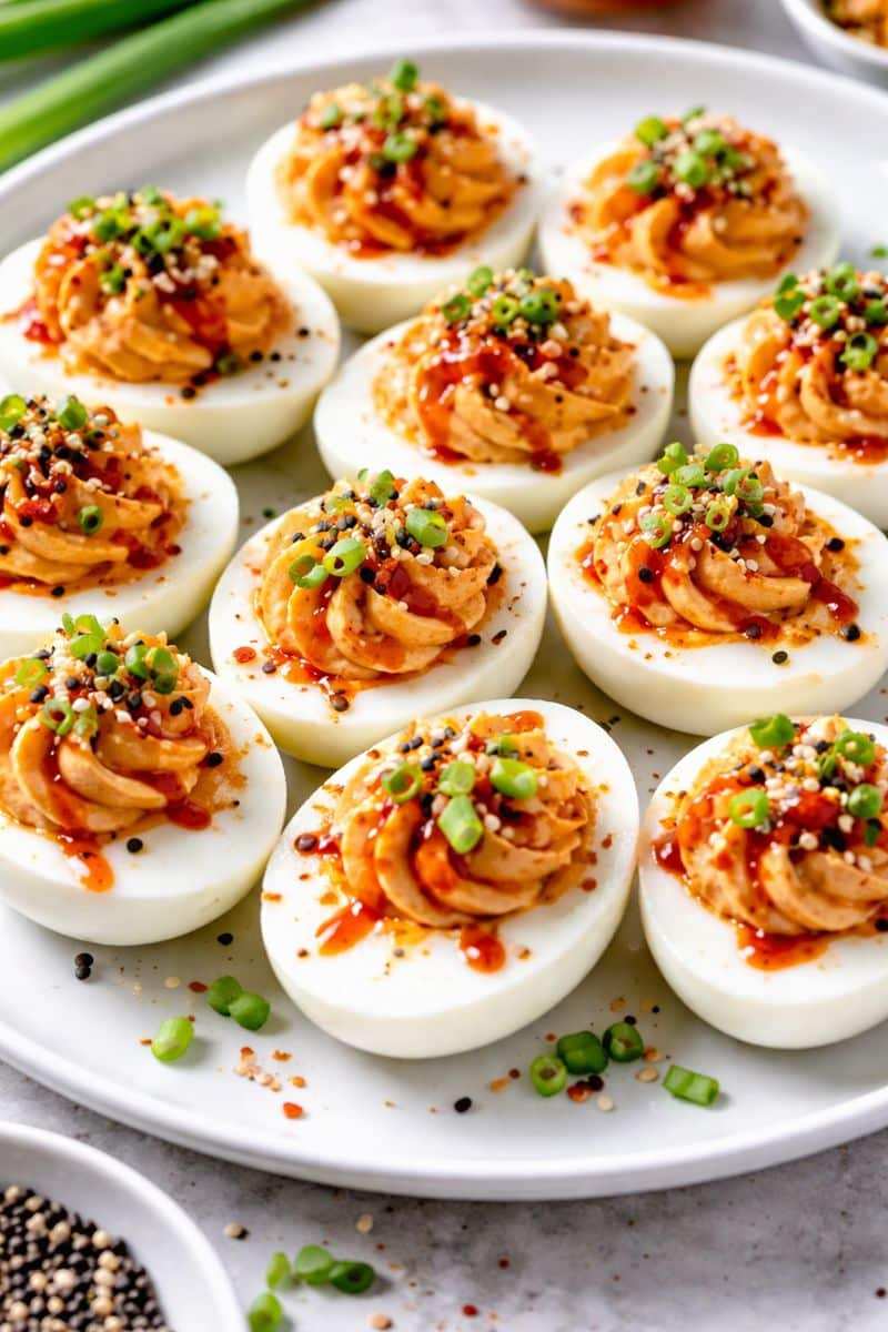 Smoked chipotle deviled eggs, creamy filling, chipotle powder, lime zest, chopped green onion