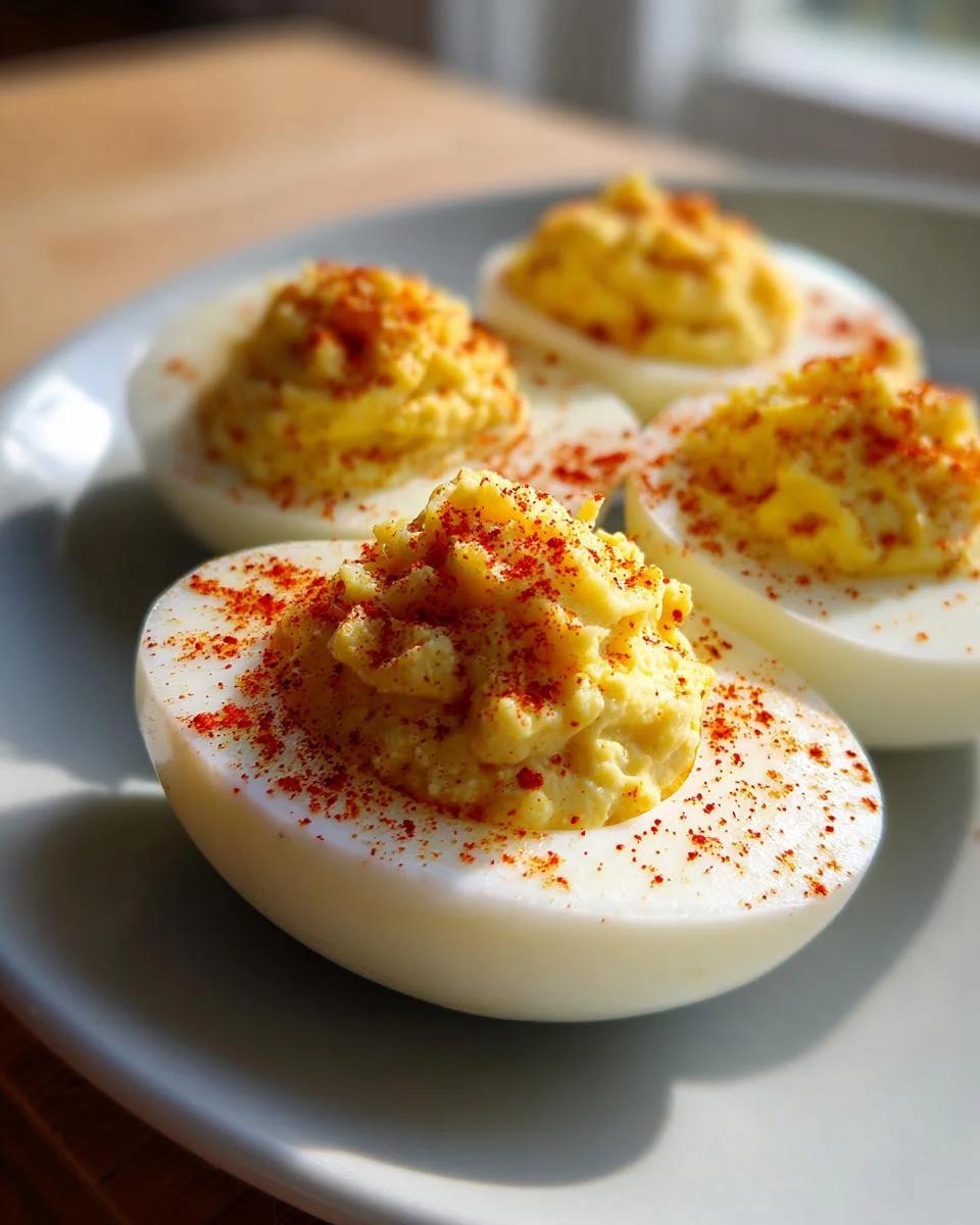Gourmet deviled eggs, silky yolk, paprika drizzle, microgreens, elegant plating