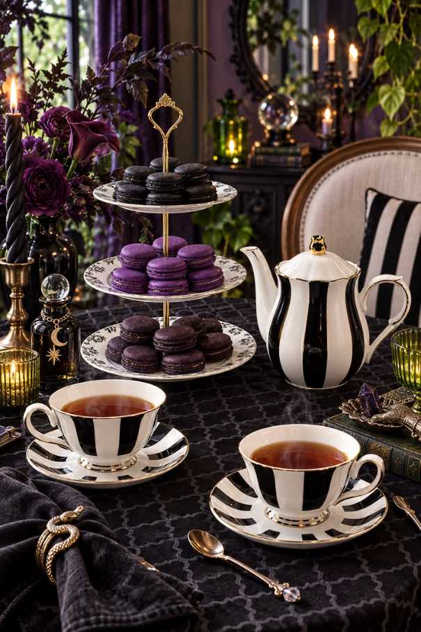 Dark chocolate torte slices with purple lavender sugar on a black ceramic plate