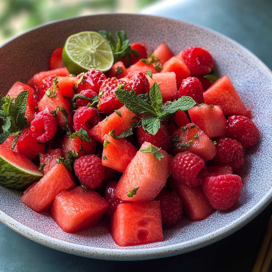 Mint‑kissed watermelon feta fruit salad with juicy cubes, tangy feta, and lime‑mint dressing