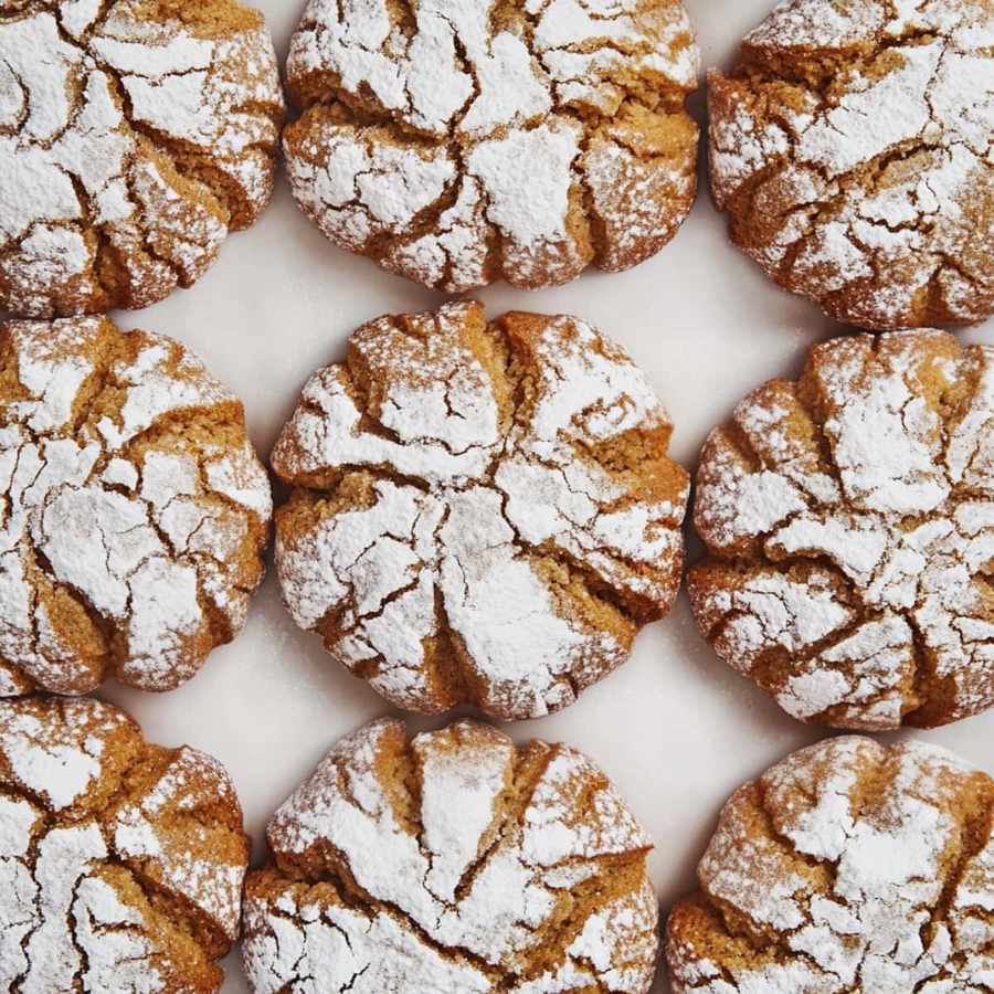 Overhead view of gingerbread crinkle cookies dusted with powdered sugar, soft interior, crisp edges