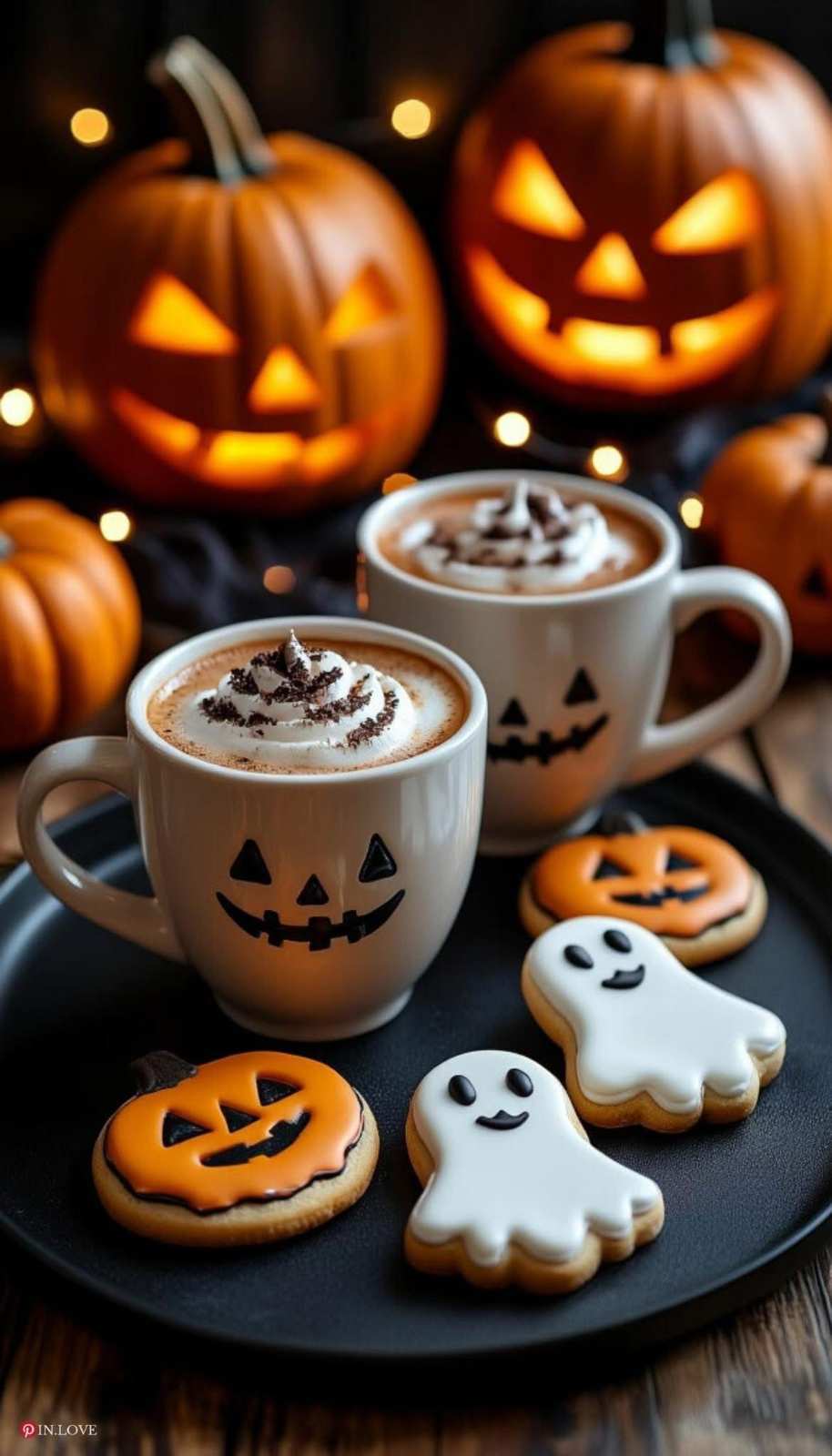 Rich hot cocoa in a pumpkin-shaped mug with a ghost cookie on the rim