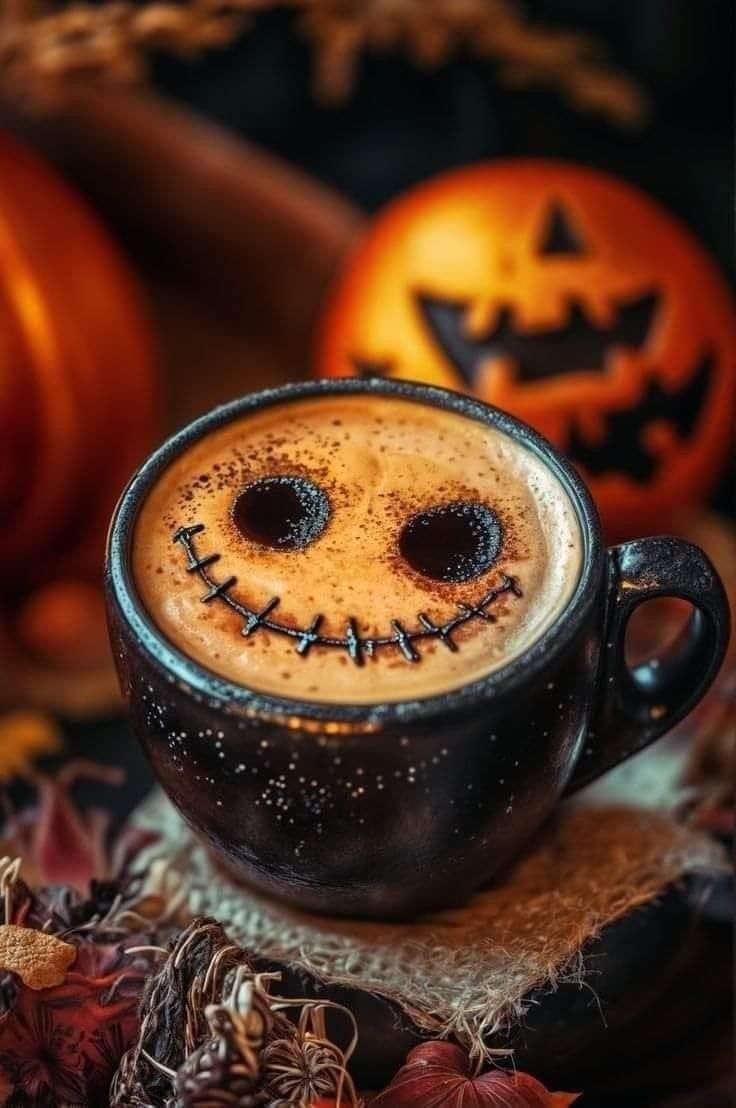 Iced pumpkin spice latte with intricate black and white latte art in a glass