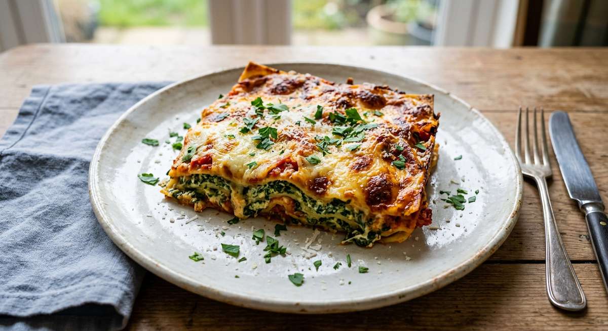 Vibrant green spinach ricotta layers, creamy mozzarella, and golden baked pasta sheets.