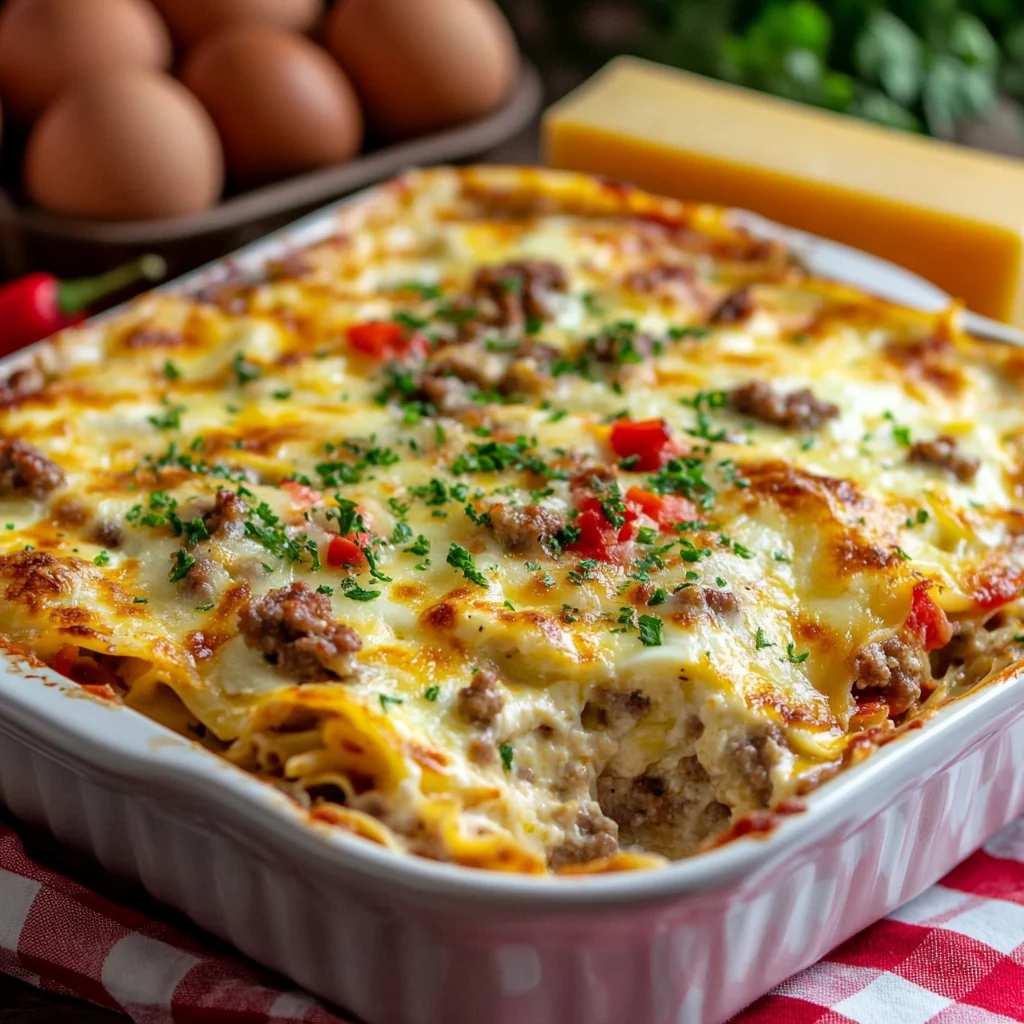Hearty breakfast lasagna stacked with eggs, sausage, cheddar, and golden baked pasta layers