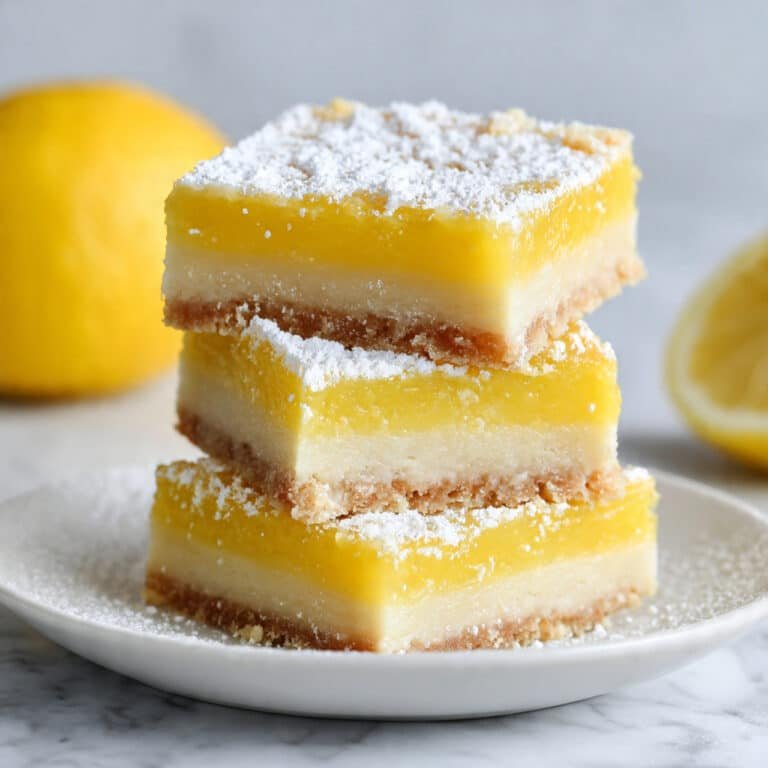 Classic lemon bars with golden shortbread crust, bright lemon curd, dusted with powdered sugar