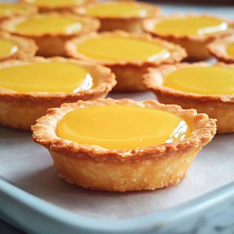 Bite‑size tartlets filled with lemon curd, golden crust, bright citrus, dusted with powdered sugar