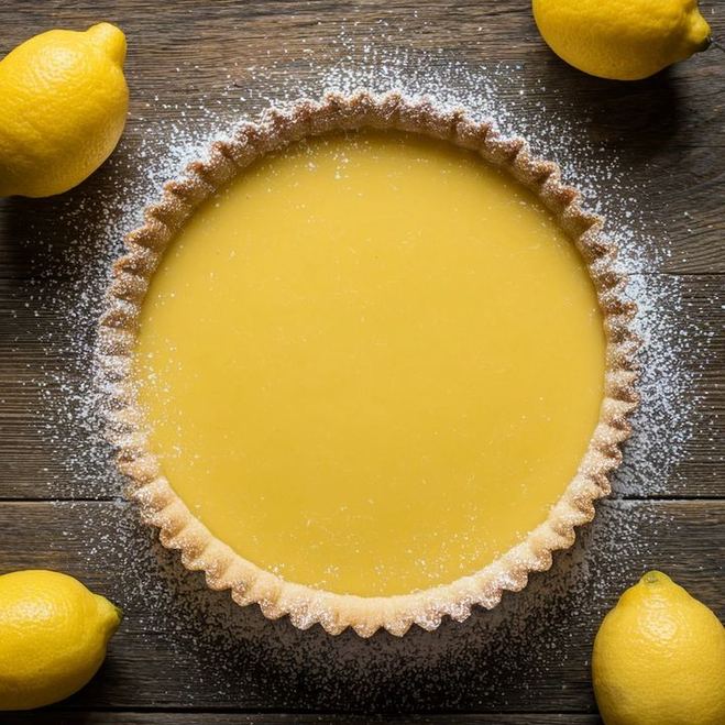 Styled lemon tart on a marble slab, bright yellow curd, fresh berries, dusted with powdered sugar