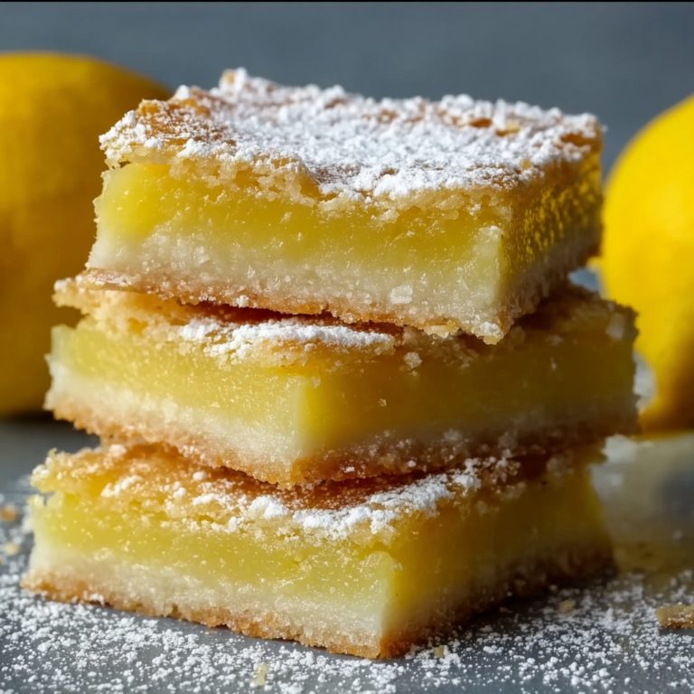 Classic lemon bars dusted with powdered sugar, bright citrus, on a white plate with a lemon wedge