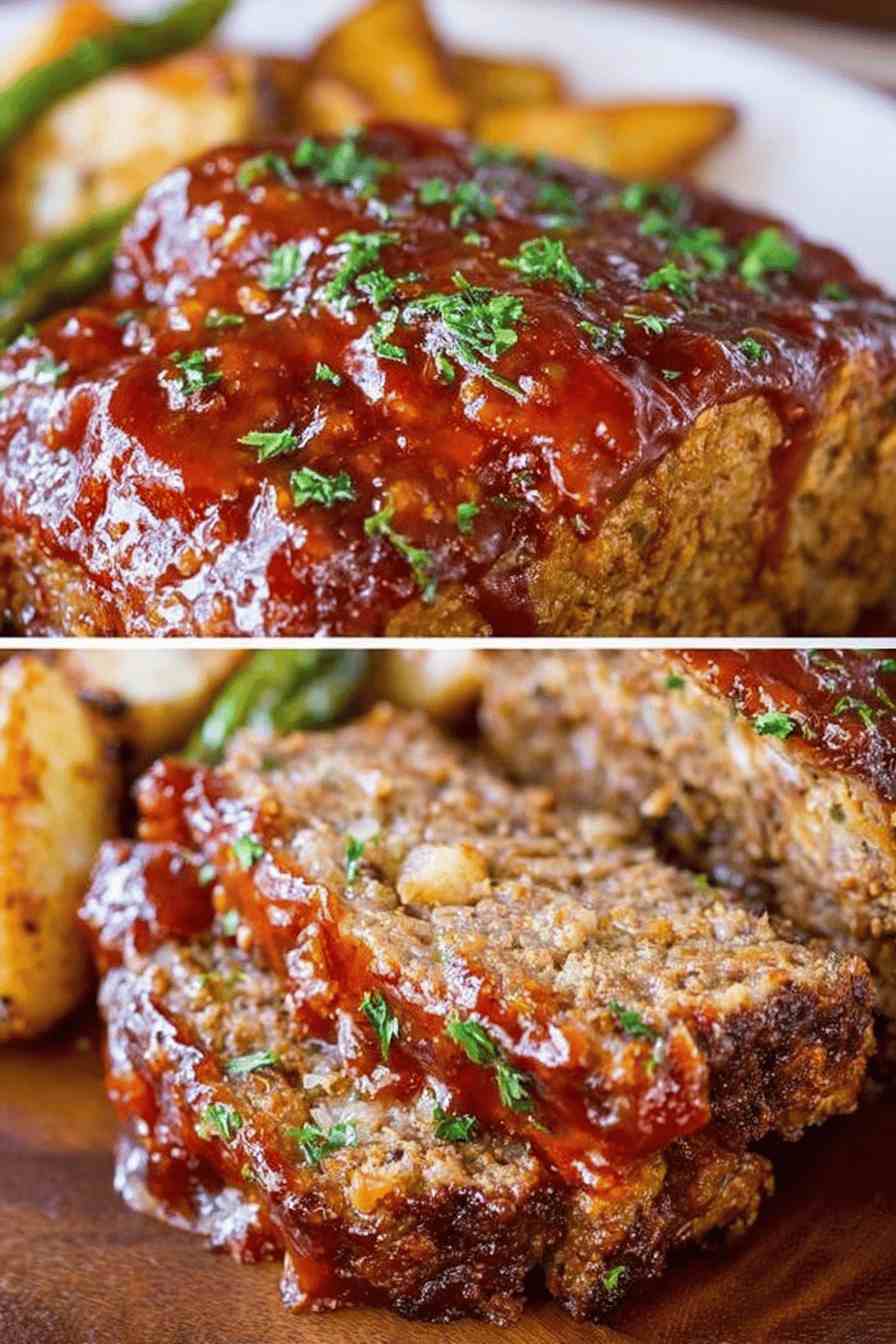 Brown sugar glazed meatloaf with caramelized crust, sweet and savory flavor, juicy beef filling, family favorite