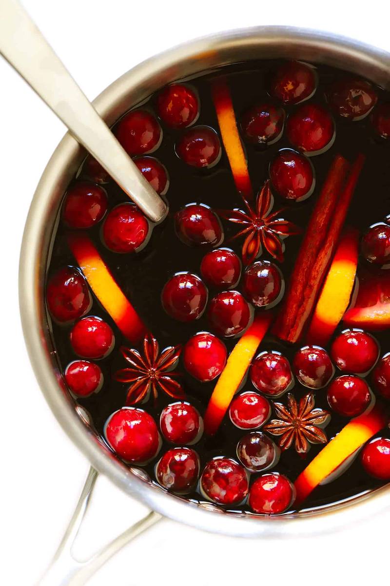 Cranberry mulled wine fortified with dark ruby port, fresh cranberries, and whole spices