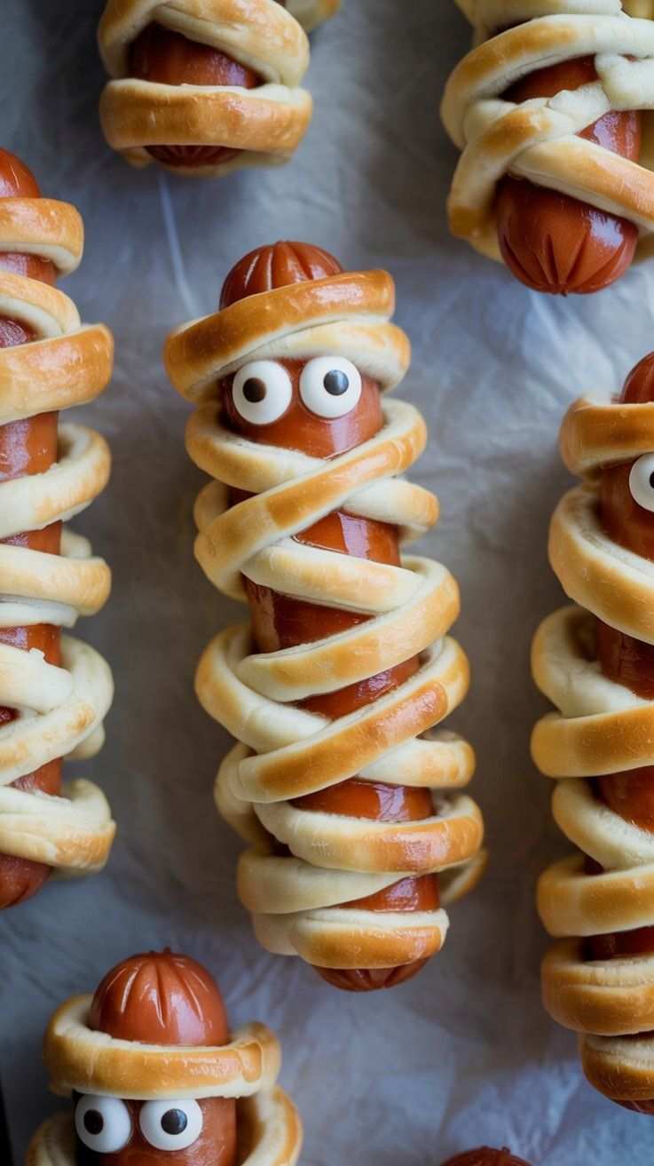 Hot dogs wrapped in crescent dough with candy eyes for a mummy look.