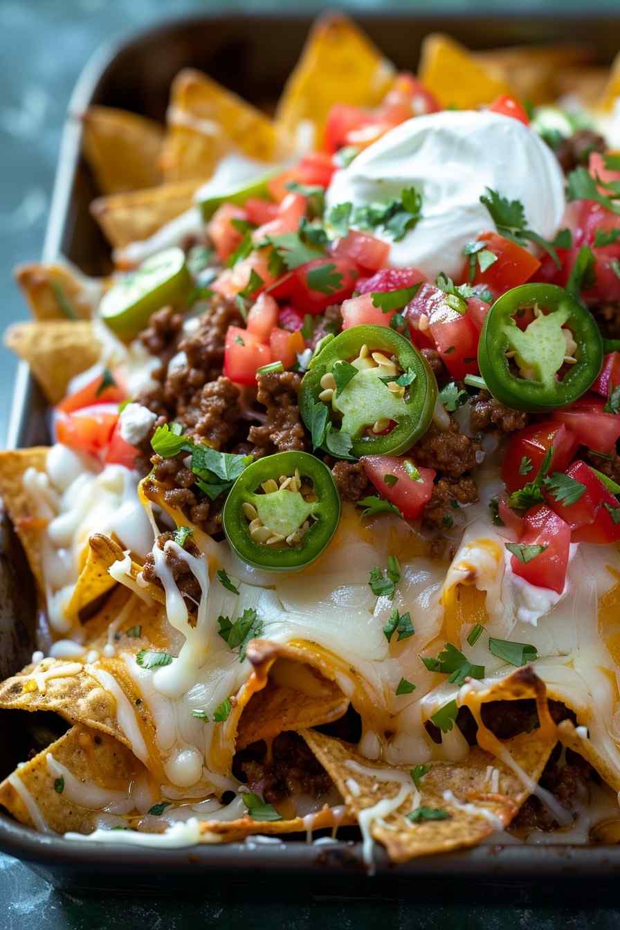 Classic loaded beef nachos with melted cheddar cheese, jalapeños, guacamole, sour cream, and crispy tortilla chips