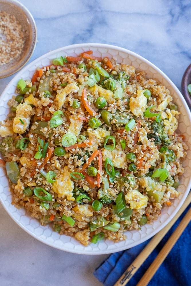 Classic sesame quinoa fried rice with crunchy veggies and soy glaze