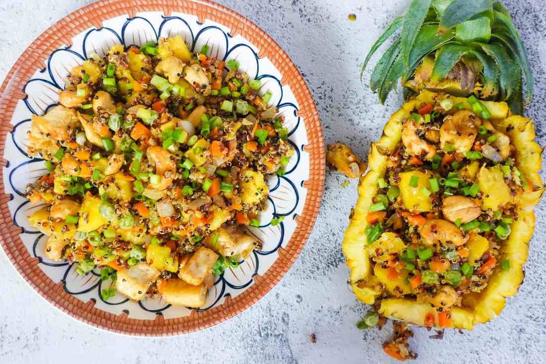 Pineapple ginger quinoa fried rice with fluffy grains, pineapple, and soy glaze