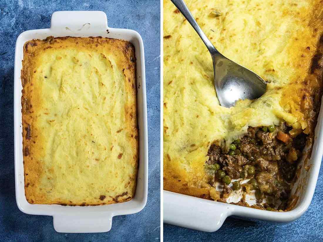 Golden mashed potato topped homestyle shepherd's pie with savory beef filling, bubbling cheese